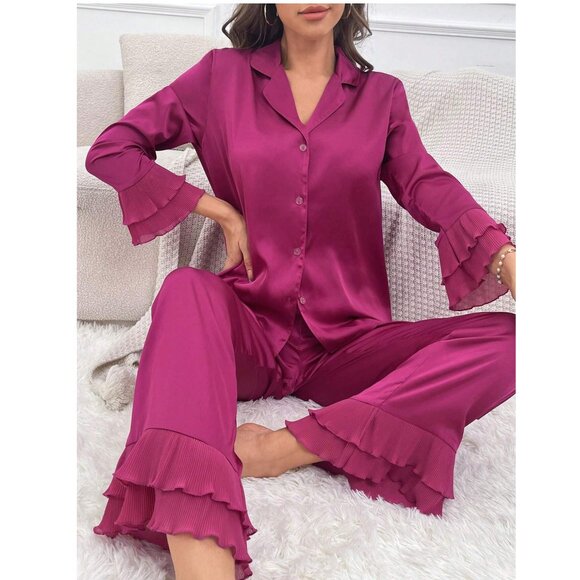 SHEIN Other - NWOT Hot Pink Ruffle Trim Satin PJ Set from Shein Sz M